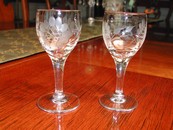 A Pair Salesman Sample Etched Wine Glasses