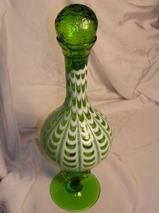 Art Glass Footed Decanter Green Beaded Cameo