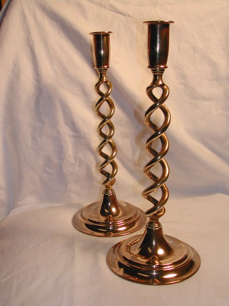 Tall English Double Open Spiral Twist  Brass Candlesticks (pair-