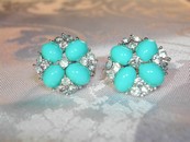 Pair Vintage Trifari Faux Turquoise & Rhinestone Earrings