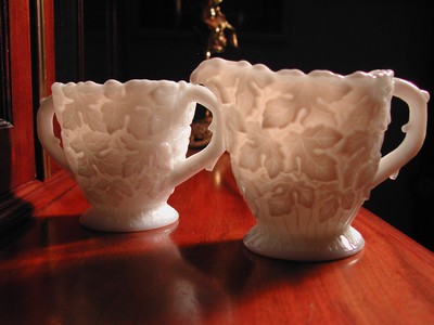 Rare Westmoreland "Bramble" Maple Leaf Milk Glass Cream/Sugar