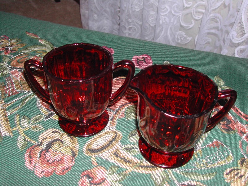 Fantastic Vintage New Martinsville Footed Ruby Glass Cream & Sug