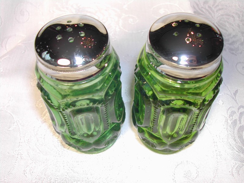 Vintage Rare Green Moon and Star Glass Salt and Pepper