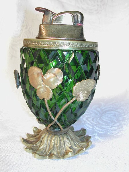 French Art Nouvaeu Diamond Hobnail Glass & BrassTable Lighter