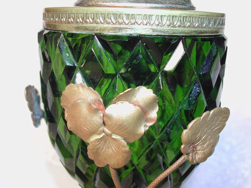 French Art Nouvaeu Diamond Hobnail Glass & BrassTable Lighter