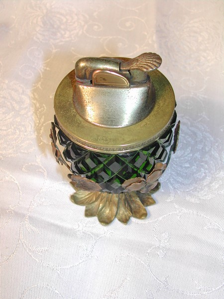 French Art Nouvaeu Diamond Hobnail Glass & BrassTable Lighter