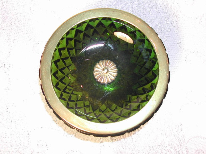 French Art Nouvaeu Diamond Hobnail Glass & Brass Nut Dish