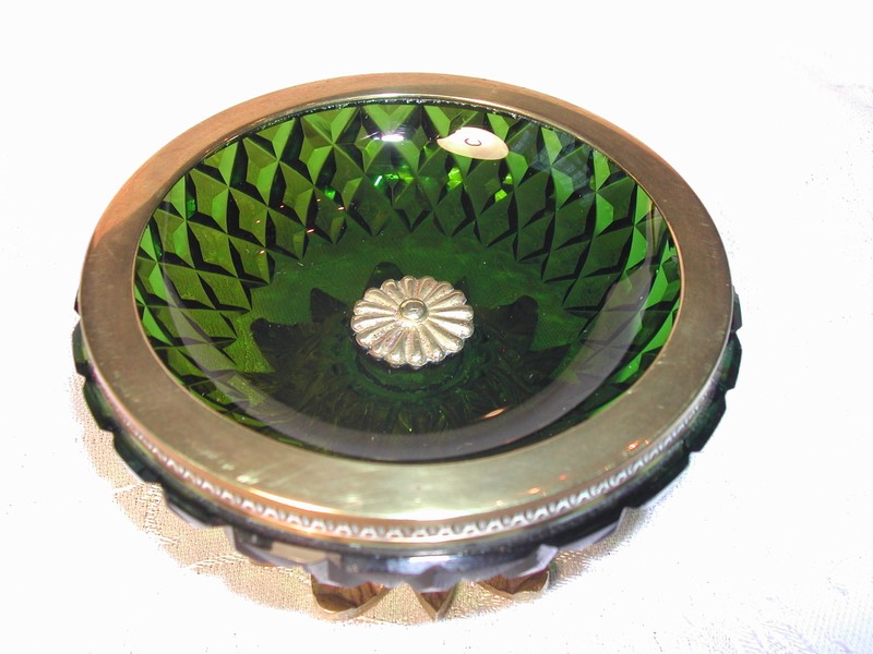 French Art Nouvaeu Diamond Hobnail Glass & Brass Nut Dish