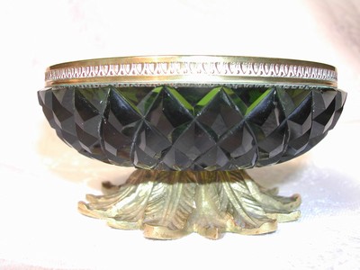 French Art Nouvaeu Diamond Hobnail Glass & Brass Nut Dish