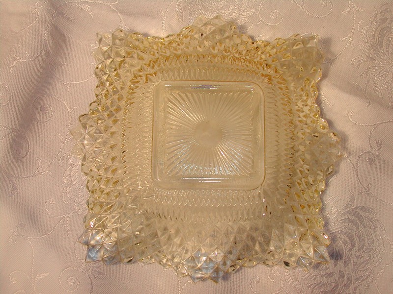Vintage Federal Glass Diamond Point Ruffled Edge Dish Amber/Yell