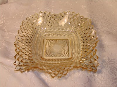 Vintage Federal Glass Diamond Point Ruffled Edge Dish Amber/Yell