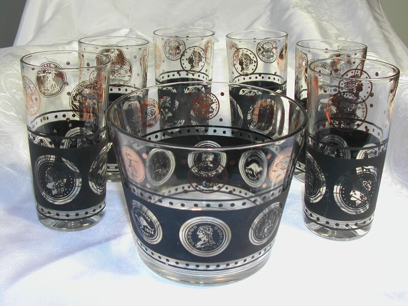 Hazel Atlas Coin Glass Ice Bucket/Glasses Bar Set