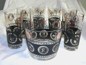 Hazel Atlas Coin Glass Ice Bucket/Glasses Bar Set