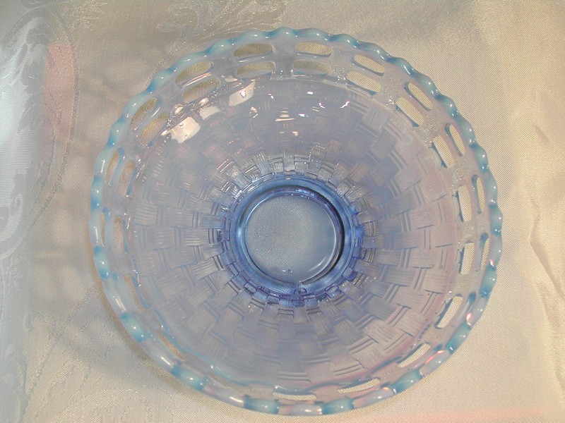 Fenton Blue Opalescent Art Glass Lace Edge Basket Weave Bowl
