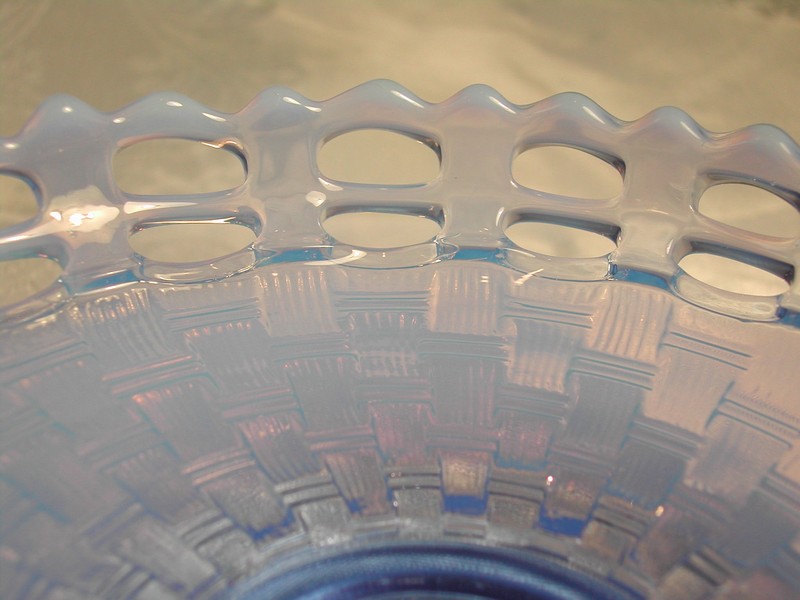 Fenton Blue Opalescent Art Glass Lace Edge Basket Weave Bowl