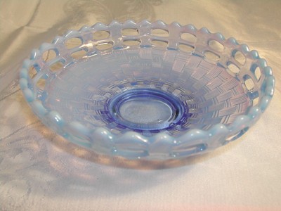 Fenton Blue Opalescent Art Glass Lace Edge Basket Weave Bowl