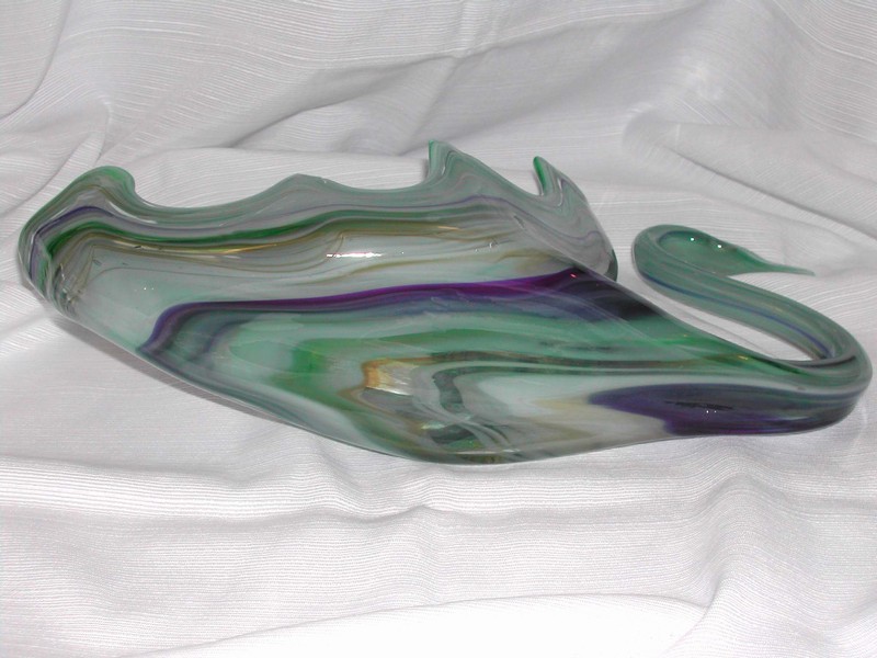 Art Glass Swan Bowl Green White & Blue Vintage
