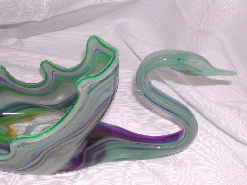 Art Glass Swan Bowl Green White & Blue Vintage