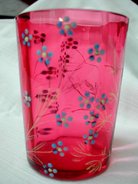 A Moser Style Cranberry Glass Enamel Flower Tumbler 1870