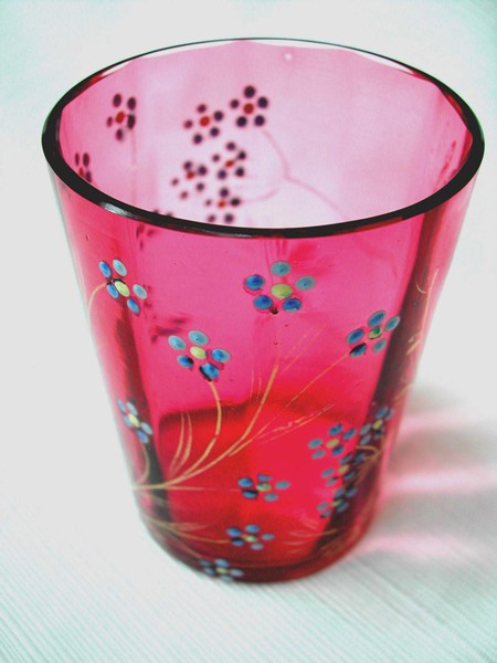 A Moser Style Cranberry Glass Enamel Flower Tumbler 1870