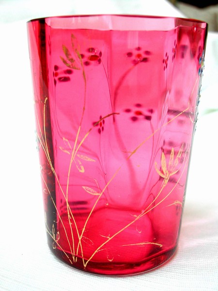 A Moser Style Cranberry Glass Enamel Flower Tumbler 1870