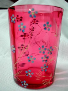 A Moser Style Cranberry Glass Enamel Flower Tumbler 1870