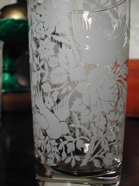 Libbey Glass Tumblers Frosted Birds Rose Bushes Vintage