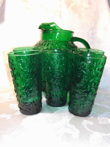 Forest Green Glass Anchor Hocking Lido Ball Pitcher Set