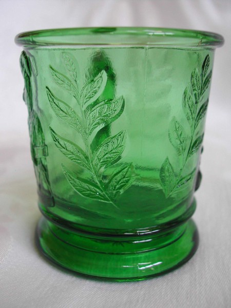 A Green Pressed Glass Childrens Mug "Baby Animals" EAPG