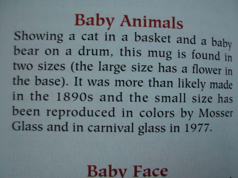 A Green Pressed Glass Childrens Mug "Baby Animals" EAPG