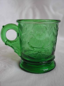 A Green Pressed Glass Childrens Mug "Baby Animals" EAPG