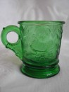 A Green Pressed Glass Childrens Mug "Baby Animals" EAPG