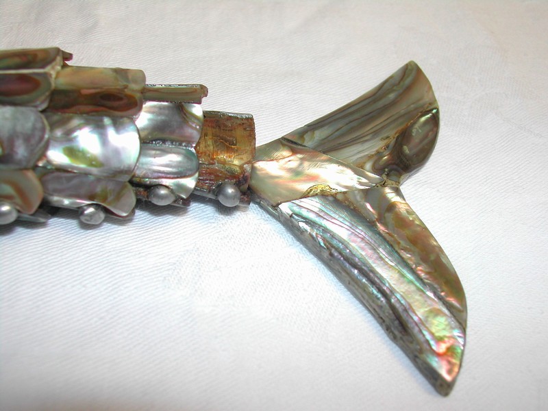 Vintage Abalone & Silverplate Hinged Hand Crafted Fish Bottle Op
