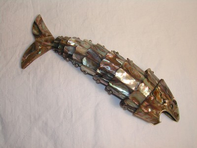 Vintage Abalone & Silverplate Hinged Hand Crafted Fish Bottle Op