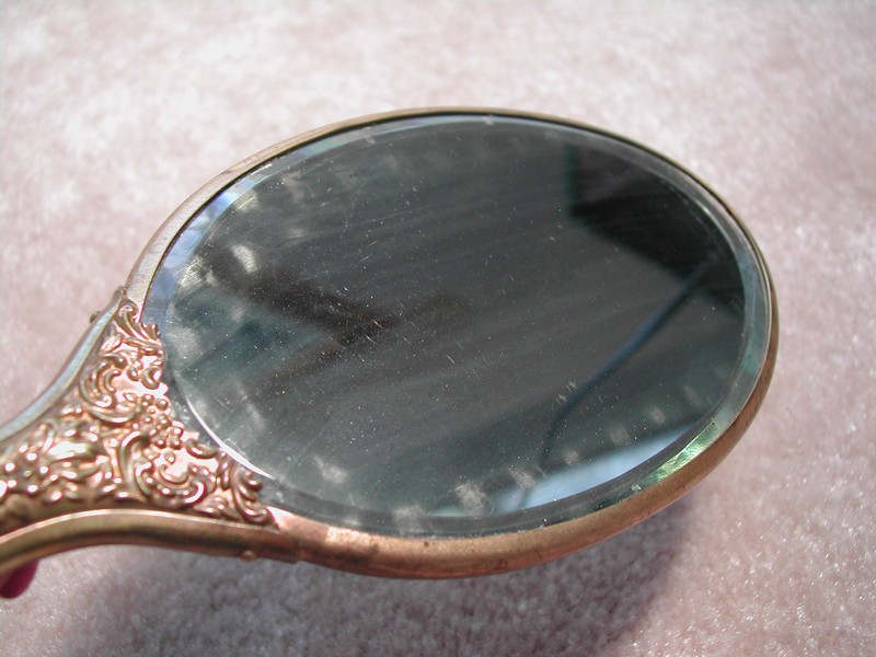 Antique/Vintage Porcelain & Brass Handled Mirror Violets