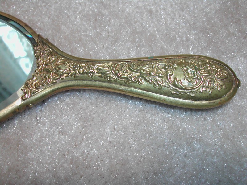 Antique/Vintage Porcelain & Brass Handled Mirror Violets