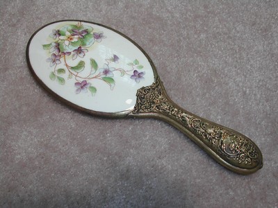 Antique/Vintage Porcelain & Brass Handled Mirror Violets