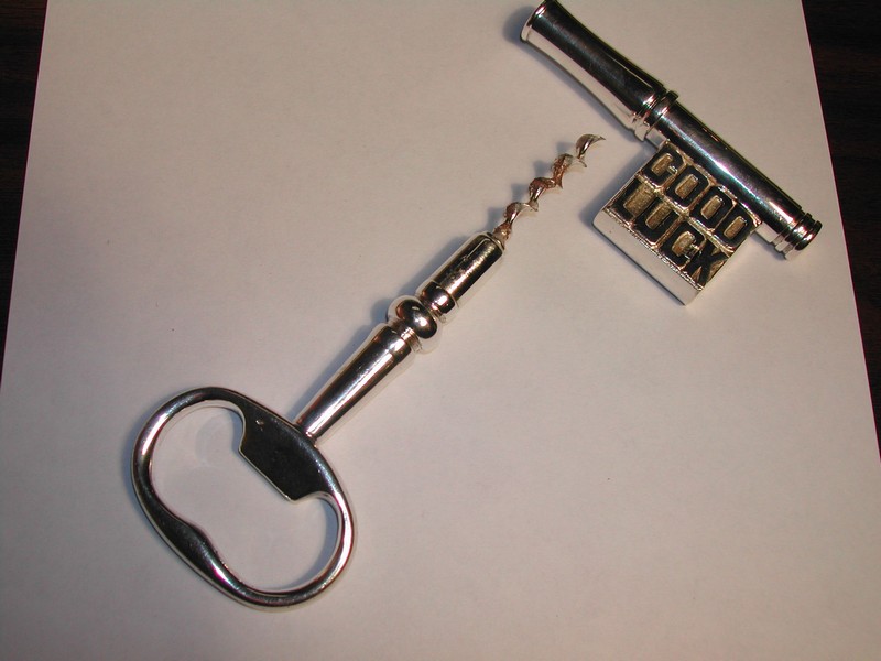 Large English Silverplate Skeleton Key Corkscrew 1951