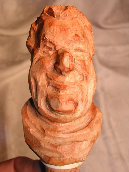 Grinning Hand Carved Wood Monk Bust  Bottle Stopper