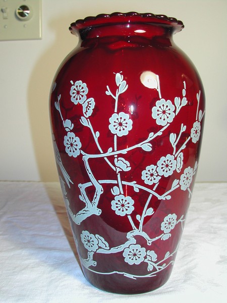 Anchor Hocking Royal Ruby Hoover Vase - Birds & Dogwood