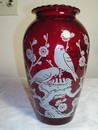 Anchor Hocking Royal Ruby Hoover Vase - Birds & Dogwood