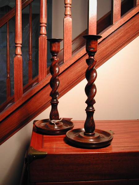 Vintage English Oak Barley Twist Candlesticks