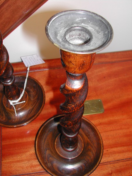 Vintage English Oak Barley Twist Candlesticks