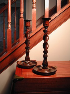 Vintage English Oak Barley Twist Candlesticks