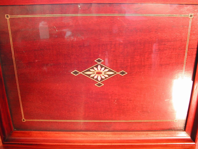 Lovely Vintage Inlay Wood & Glass Tray Brass Handles