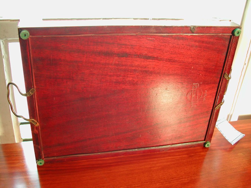 Lovely Vintage Inlay Wood & Glass Tray Brass Handles