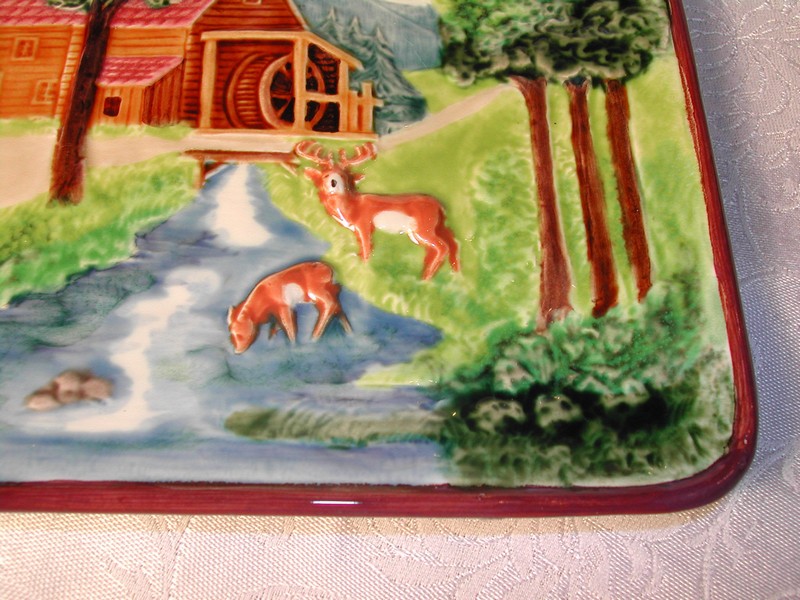 Unique Vintage German Majolica Mill House with Deer Scene Plaque
