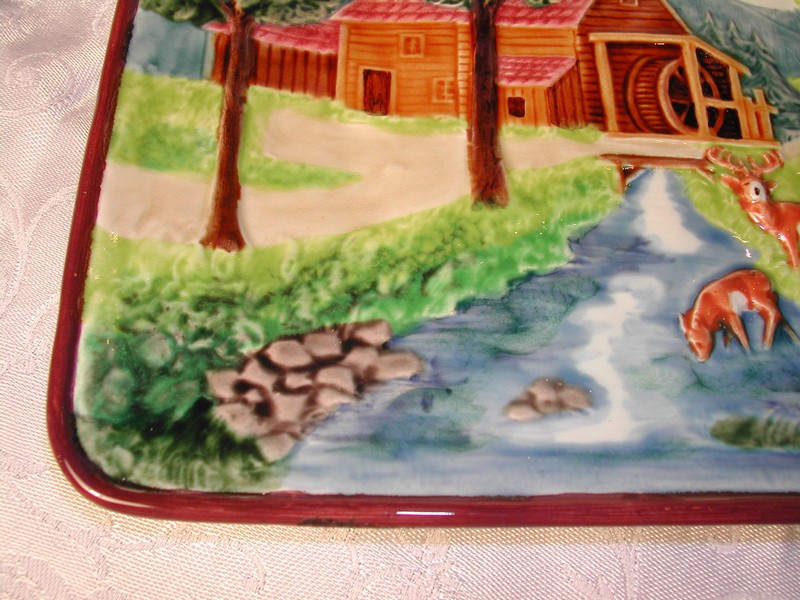 Unique Vintage German Majolica Mill House with Deer Scene Plaque