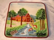 Unique Vintage German Majolica Mill House with Deer Scene Plaque