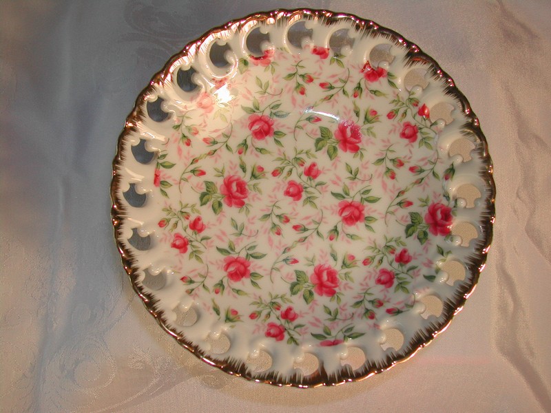 Lefton Chintz Roses Comport/Compote Gold Trim